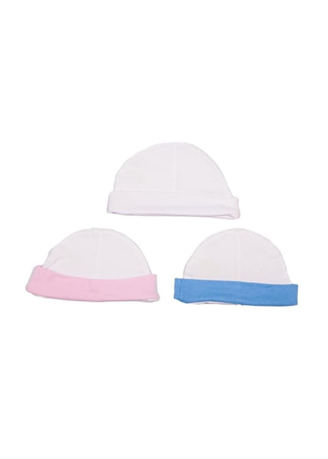 A set of three baby caps in pink, blue, and white, featuring a soft fabric design and a simple logo.