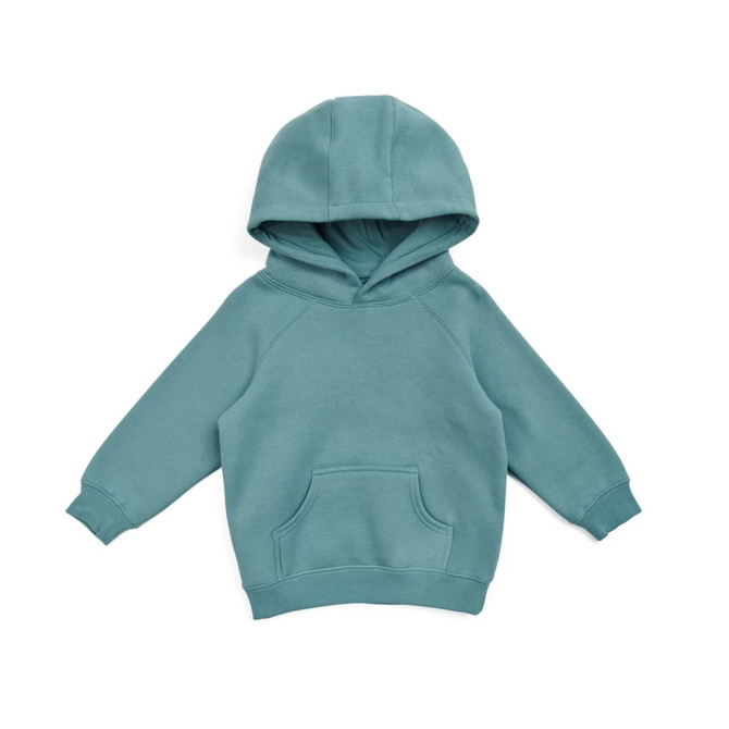 A teal kangaroo pocket hoodie for babies, featuring a hood and long sleeves. Includes a logo on the front.