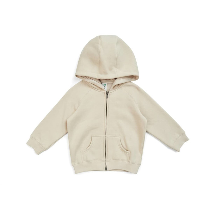 A beige kangaroo zip pocket hoodie featuring a hood and long sleeves. The design includes a logo.