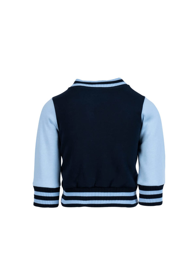 A navy and light blue babies varsity jacket with a ribbed collar and cuffs, featuring a logo on the front.