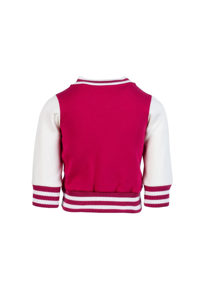 A babies' varsity jacket featuring a pink body and white sleeves, with striped cuffs and a logo on the back.