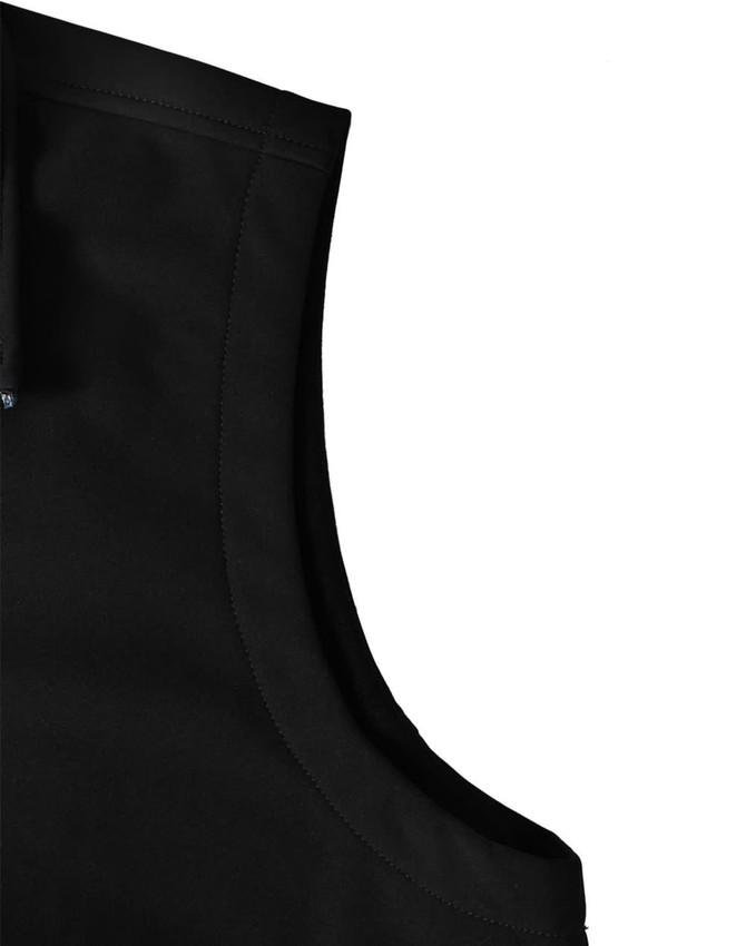A black softshell hi-tech vest featuring a smooth fabric finish and a logo on the upper section.