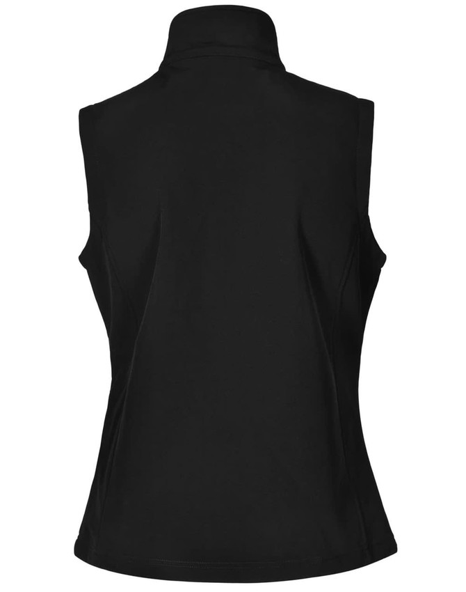 A black ladies' softshell vest featuring a high collar and a fitted design. The vest includes a logo.