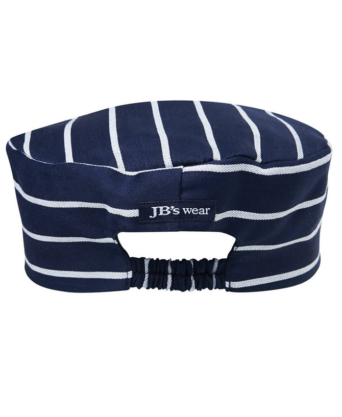 A navy and white striped chef's cap with an elastic band and a logo on the back.