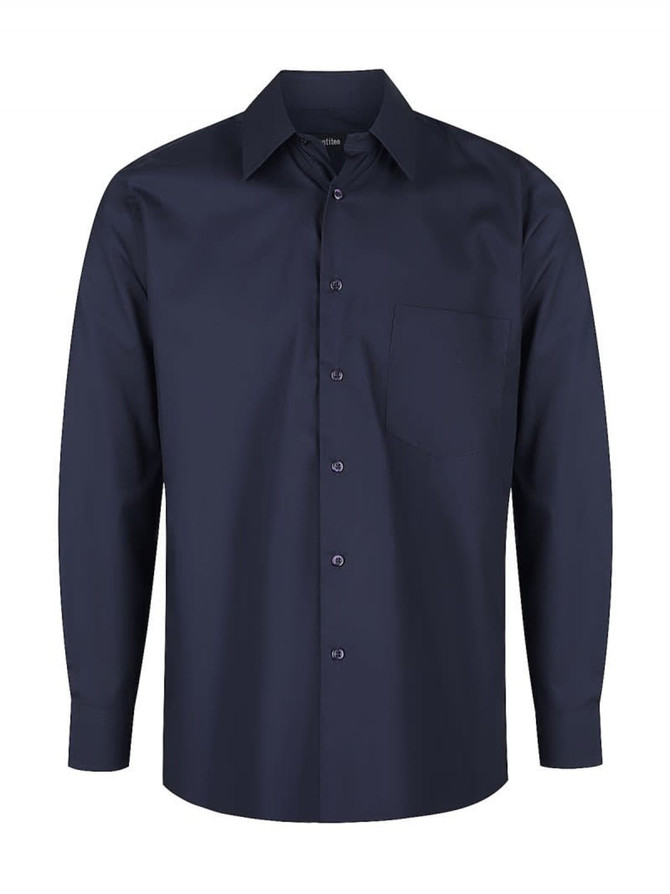 A navy blue long sleeve button-up shirt with a single chest pocket and a branded logo.