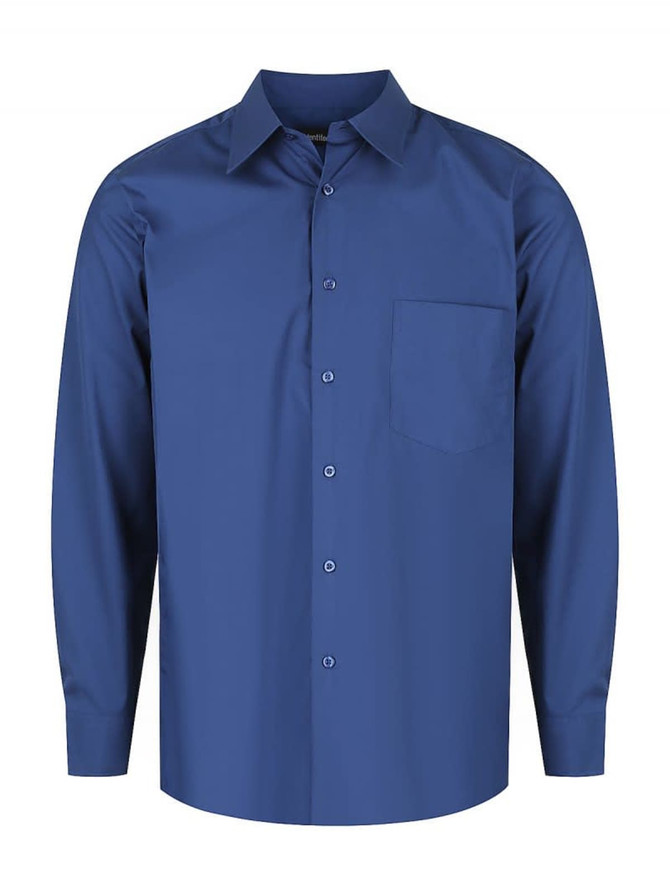 A blue men's long sleeve button-up shirt featuring a single chest pocket and a collar. It has a branding logo.