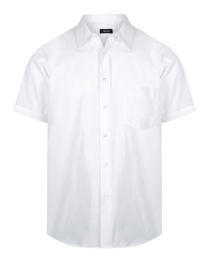 A white short sleeve button-up shirt with a single chest pocket and a brand logo.