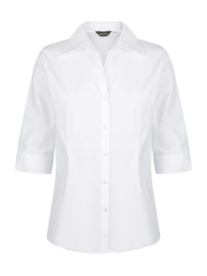 A white button-up shirt with 3/4 sleeves and a collar, featuring a logo.