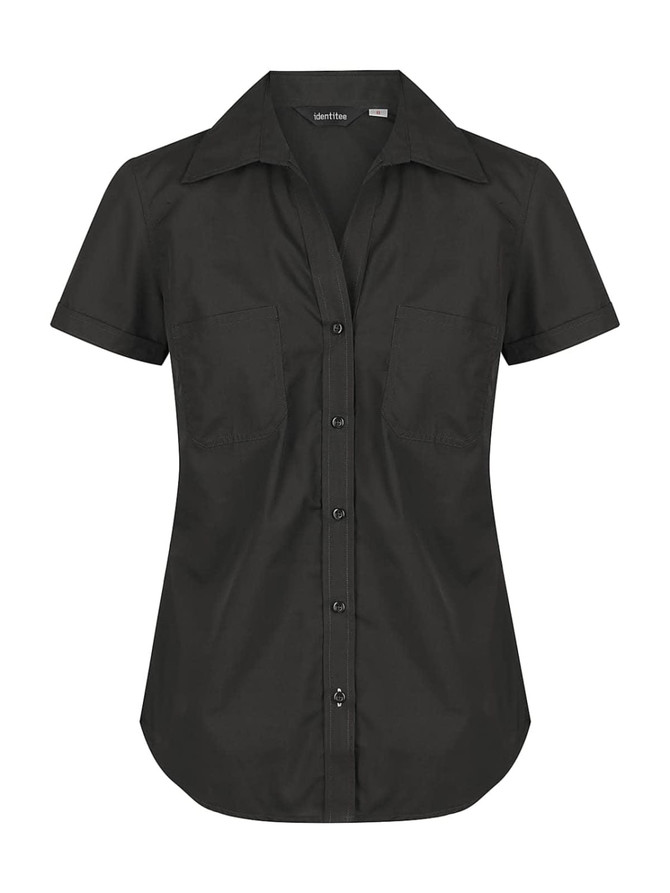 A short sleeve button-up shirt in black with a fitted design and two front pockets. It features a collar and button closure.