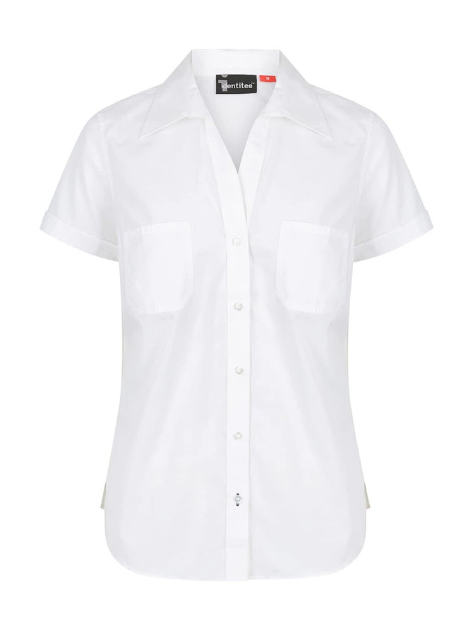 A white ladies' short sleeve button-up shirt featuring two chest pockets and a branded label.
