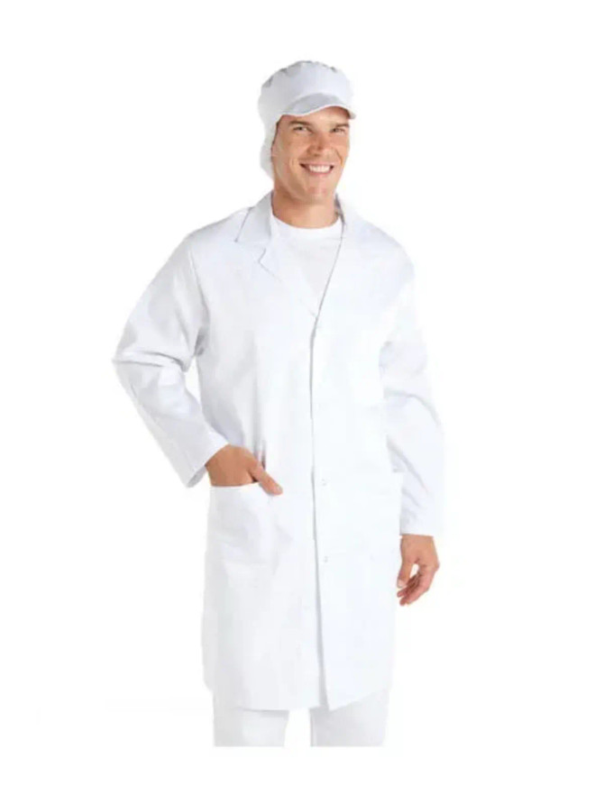 A white lab coat with long sleeves and a matching white cap, worn by a smiling model.
