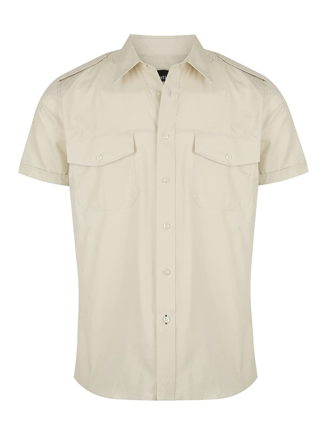 A men's short sleeve button-up shirt in a light beige colour, featuring two chest pockets and shoulder detailing.