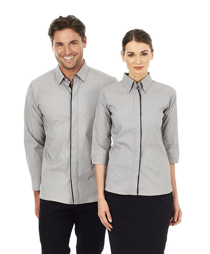 A grey button-up shirt with 3/4 sleeves, featuring a contrasting trim, displayed on male and female models.