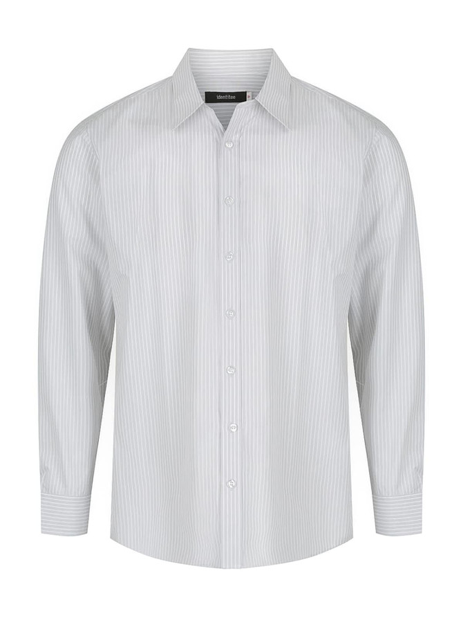 A long sleeve button-up shirt in a light grey and white striped pattern featuring a collar and front buttons.