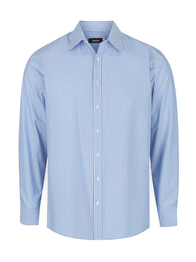 A blue and white striped long sleeve button-up shirt with a collar and branded tag.