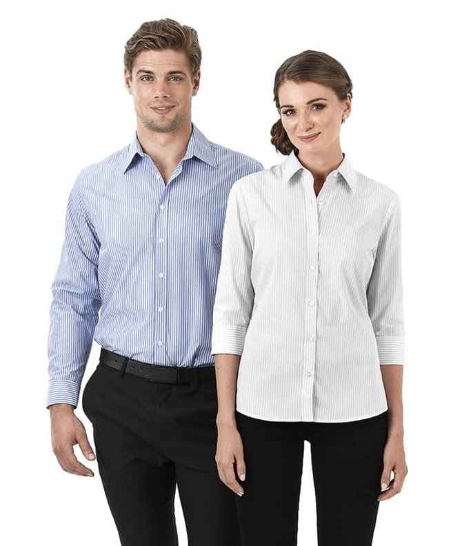 A ladies' 3/4 sleeve button-up shirt in white and blue striped patterns, featuring a logo.