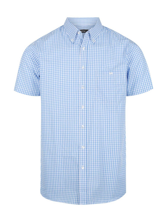 Short-sleeve button-up shirt in light blue and white gingham pattern, featuring a logo on the chest.