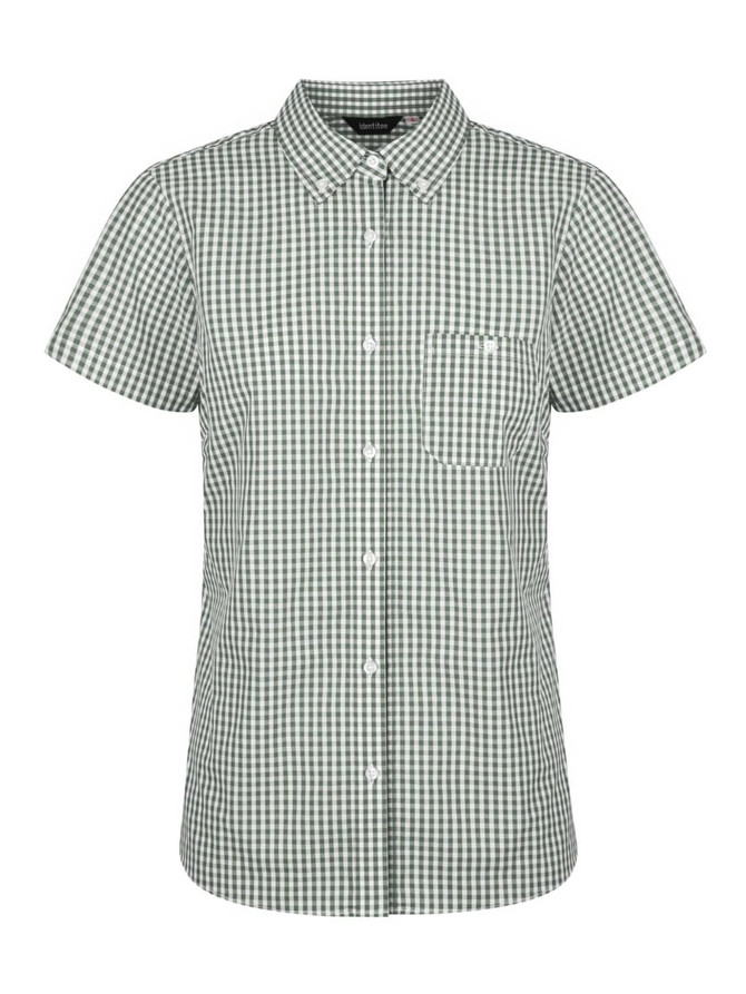 A green and white checked short sleeve button-up shirt for ladies with a pocket and a logo.