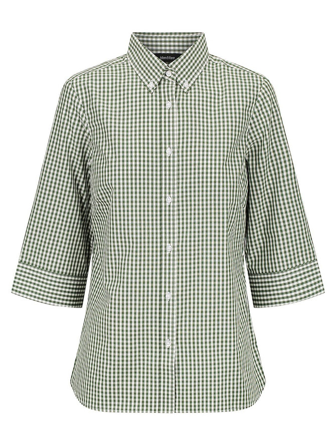 A green and white check-patterned ladies' 3/4 sleeve button-up shirt with a collar, featuring branding.