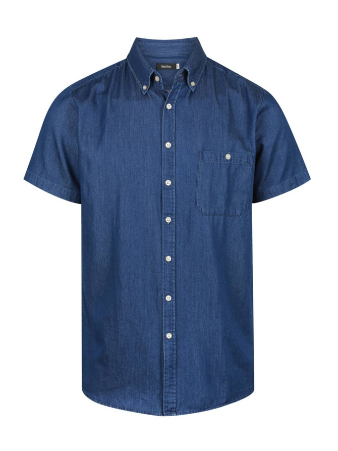 A blue denim short sleeve button-up shirt with a chest pocket and a collar. It features a logo on the tag.