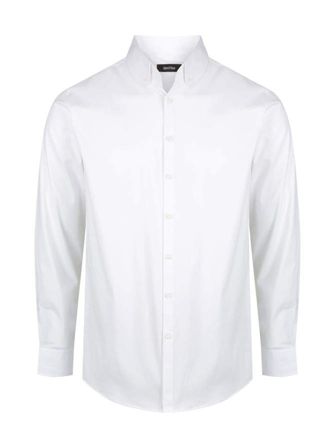 A white long sleeve button-up shirt with a collar and buttons down the front, featuring a logo on the label.