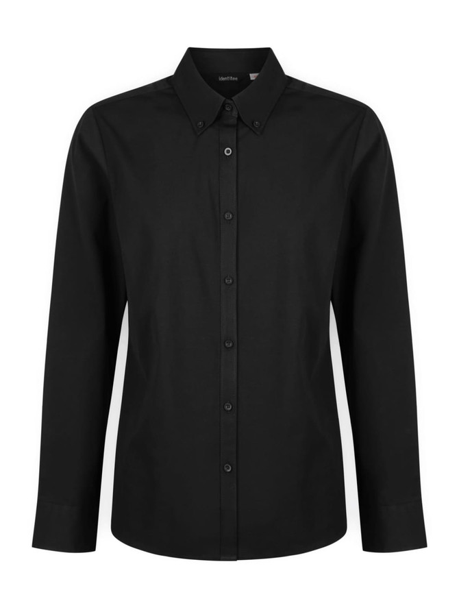 A ladies' long sleeve button-up shirt in black with a classic collar and button closure, featuring a logo.