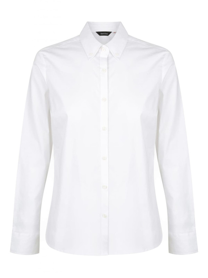 A white long sleeve button-up shirt featuring a classic collar and a branding logo.