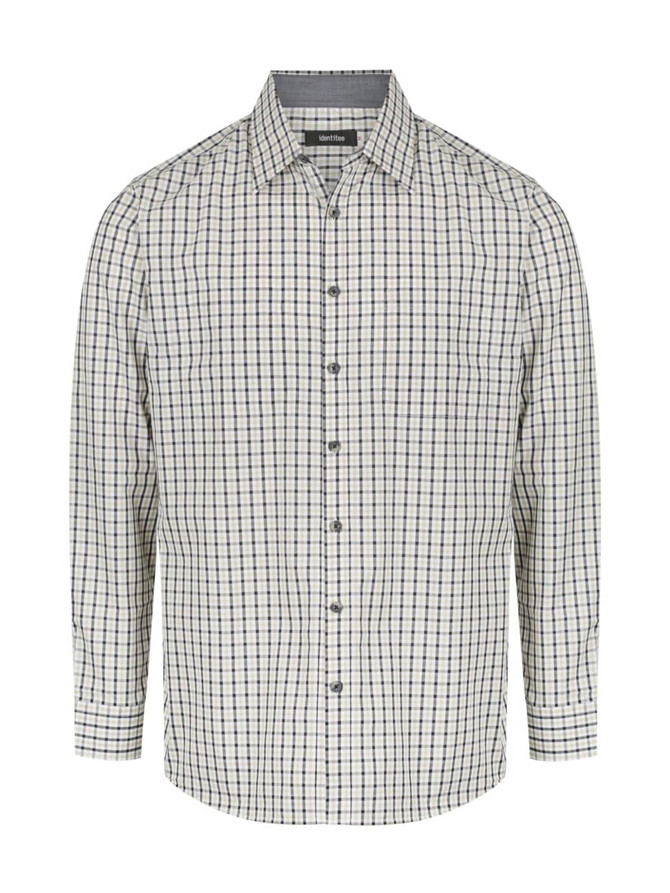 A men's long sleeve button-up shirt in a checked pattern with navy and cream colours. It features a collar and buttons.