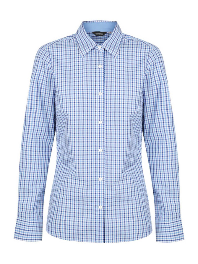 A blue and white checkered long sleeve button-up shirt for ladies, featuring a collar and a logo.