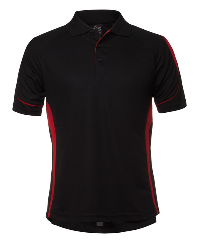 A black polo shirt with red side accents and a logo on the chest.