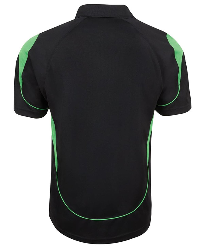 A black polo shirt with green accents and a logo on the back.