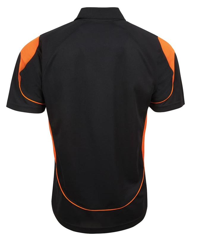 A black polo shirt with orange accents, featuring a collar and short sleeves. It has a logo on the back.