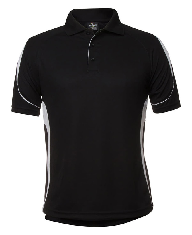 A black polo shirt with white side accents and a collar. The shirt features a logo on the front.