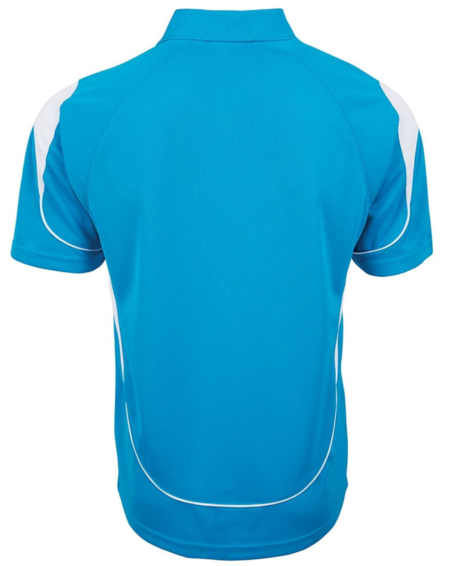 A blue polo shirt featuring white accents and a logo on the back view.