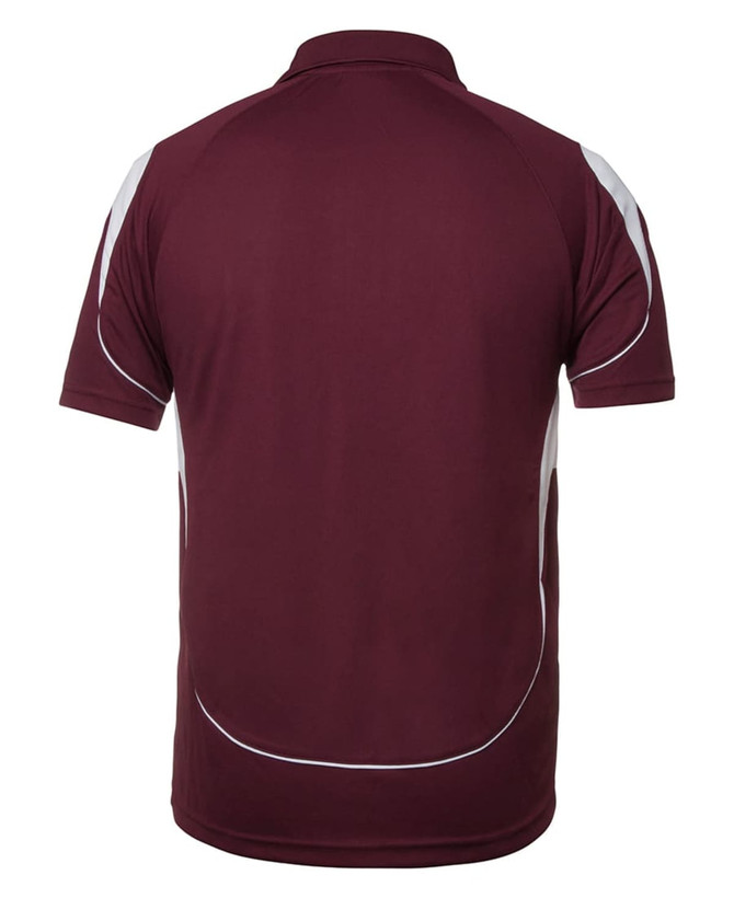 A maroon polo shirt featuring white accents and a logo on the back.