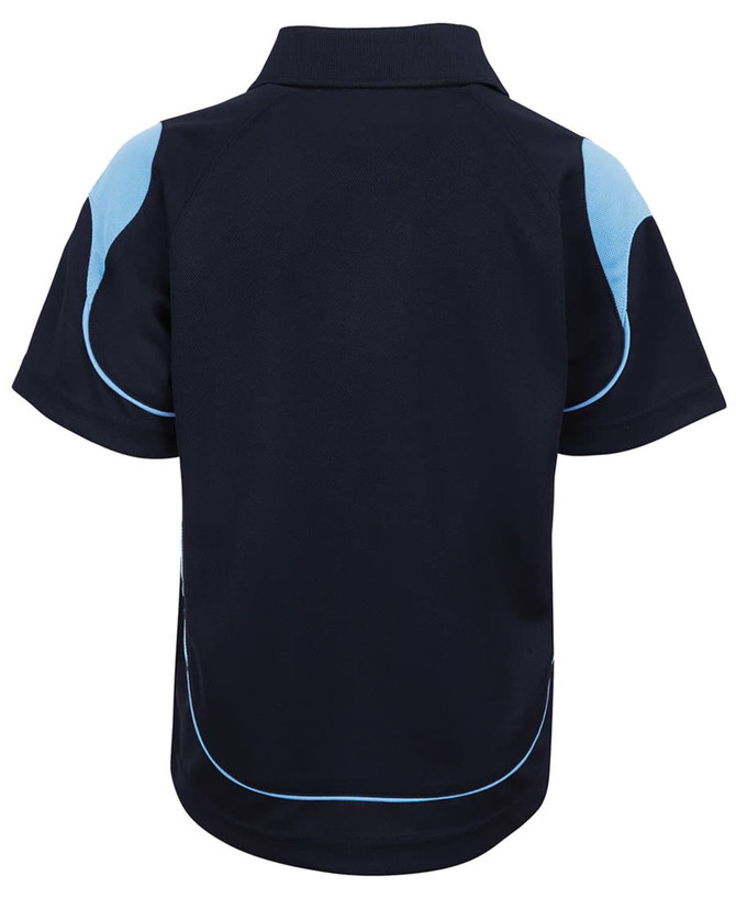 A navy polo shirt featuring light blue accents and a logo. The shirt has a classic collar and short sleeves.