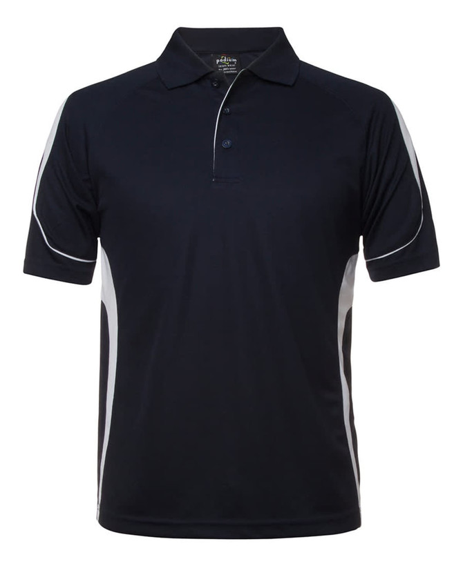 A navy polo shirt with grey accents and a collar. The shirt features a logo on the chest.