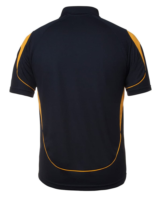 A black polo shirt with yellow accents and a logo on the back.