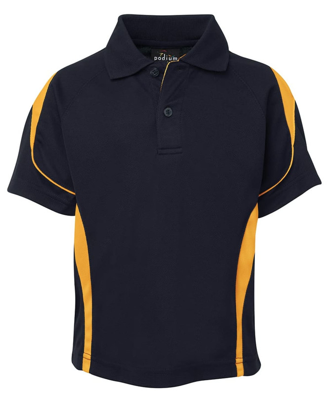 A navy polo shirt with yellow accents and a logo on the chest. Features a collar and short sleeves.