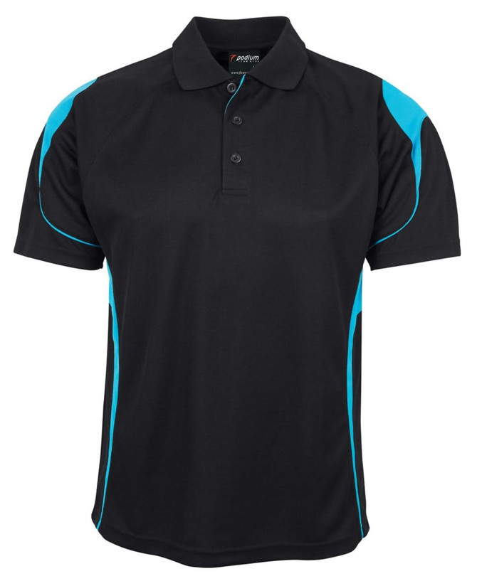 A black polo shirt with turquoise accents and a logo on the chest. Features a classic collar and three-button placket.