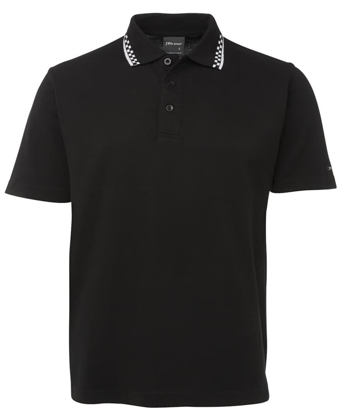 A black chef polo featuring a white check-pattern collar and buttons. It has a logo on the sleeve.