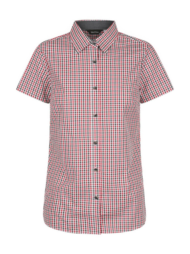 A short sleeve button-up shirt featuring a red and black check pattern with a collar and buttons down the front.