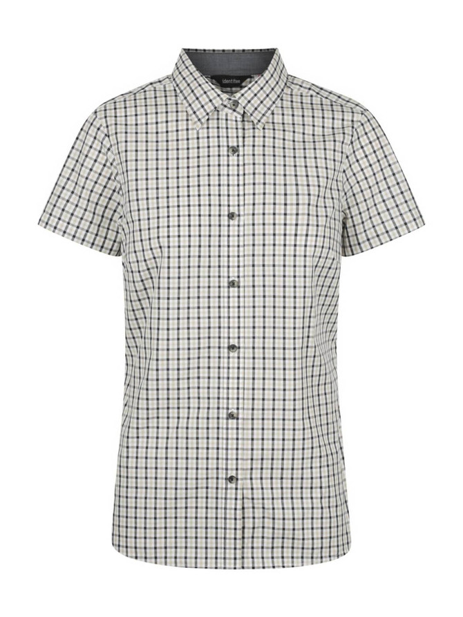 A ladies short sleeve button-up shirt featuring a check pattern in navy and white. It has a collar and front buttons.