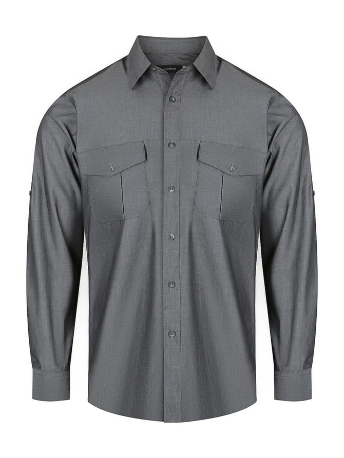 A men's long sleeve shirt in grey, featuring two chest pockets and a button-up front. Includes a logo branding.