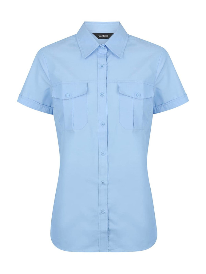 A light blue ladies' short sleeve button-up shirt with two chest pockets and a collar.
