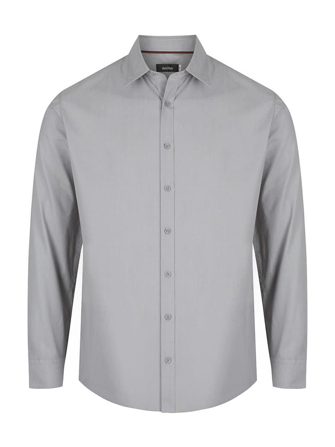 A light grey men's long sleeve button-up shirt featuring a collar and a branded label.