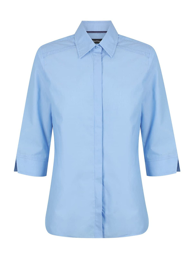 A light blue ladies' 3/4 sleeve button-up shirt with a collar and logo detail.