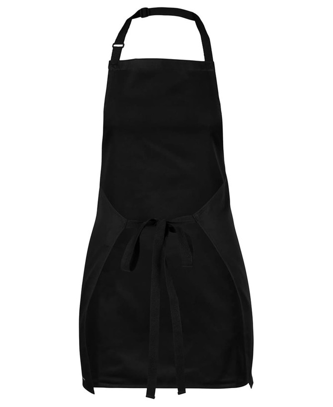 A black apron with an adjustable neck strap and ties at the waist, featuring a logo.