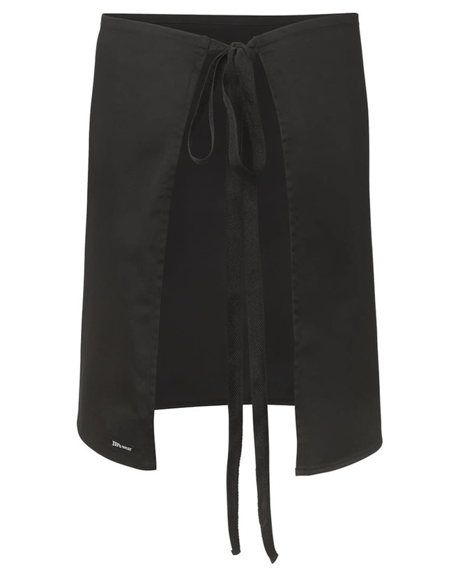 A black work apron with a tie waist and a split front design, featuring a logo.