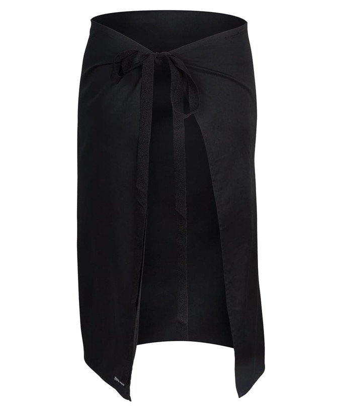 A black apron featuring a tie closure and a split design, with a subtle logo at the bottom.
